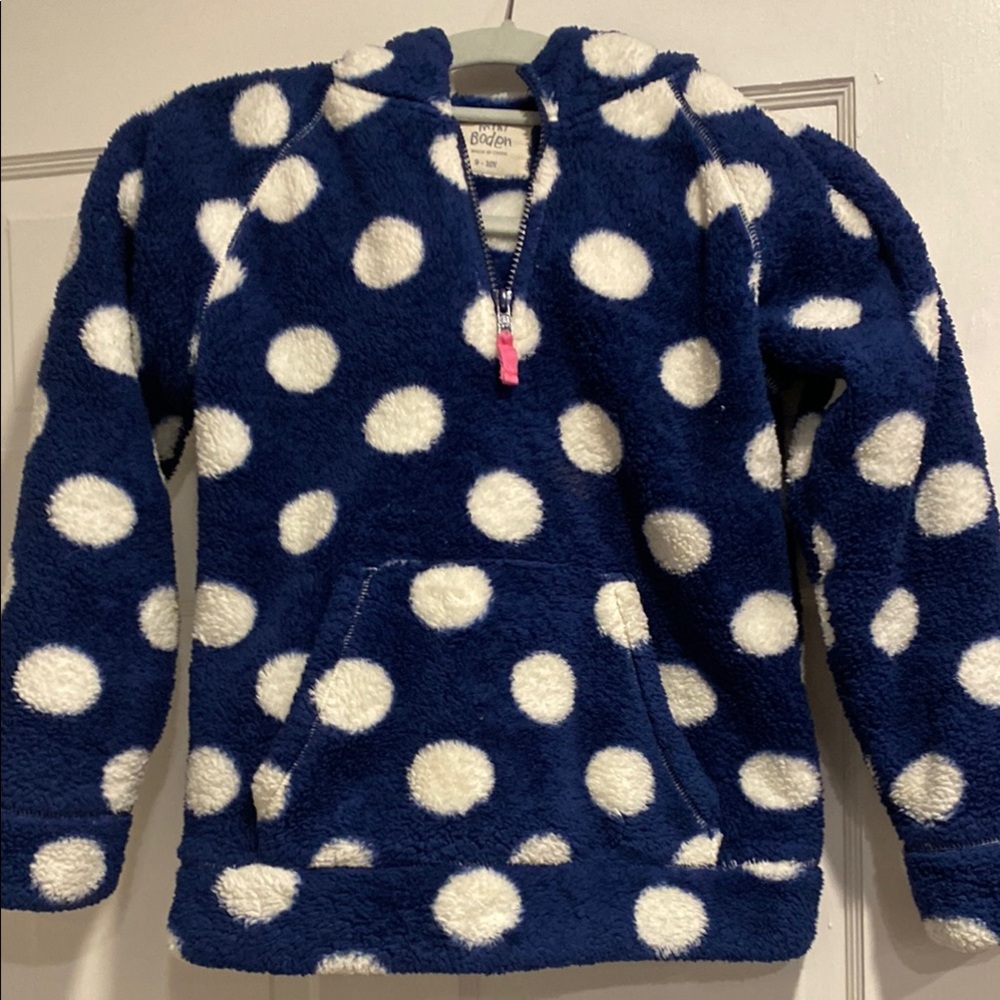 Mini Boden. Navy and White Polka Dot Fleece Hoodie